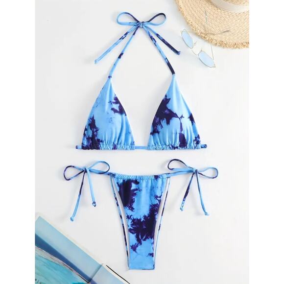 NEW Blue Tie Dye Thong Micro String Bikini Size Medium - Picture 1 of 5